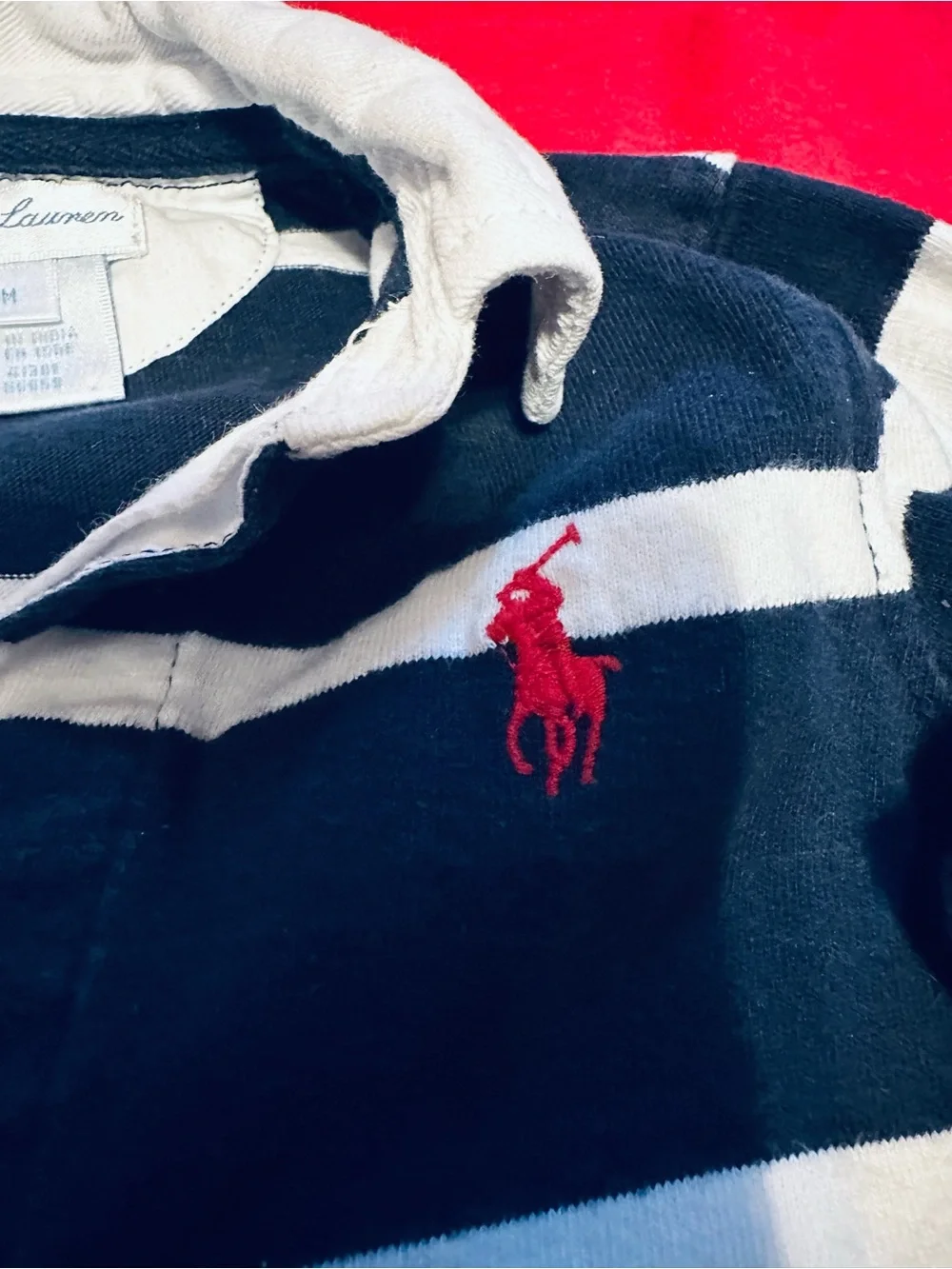 Ralph Lauren Navy & White Rugby Striped Baby One-Piece Classic Preppy